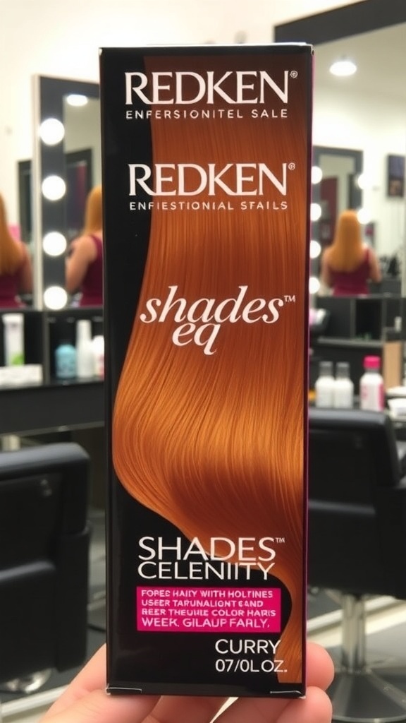 Redken Shades EQ 07C Curry hair color bottle in a salon setting.